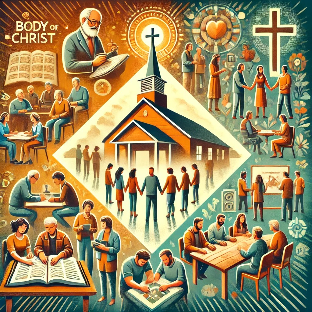 Christian teachings, emphasizing the concept of collective worship and mutual support as the Body of Christ