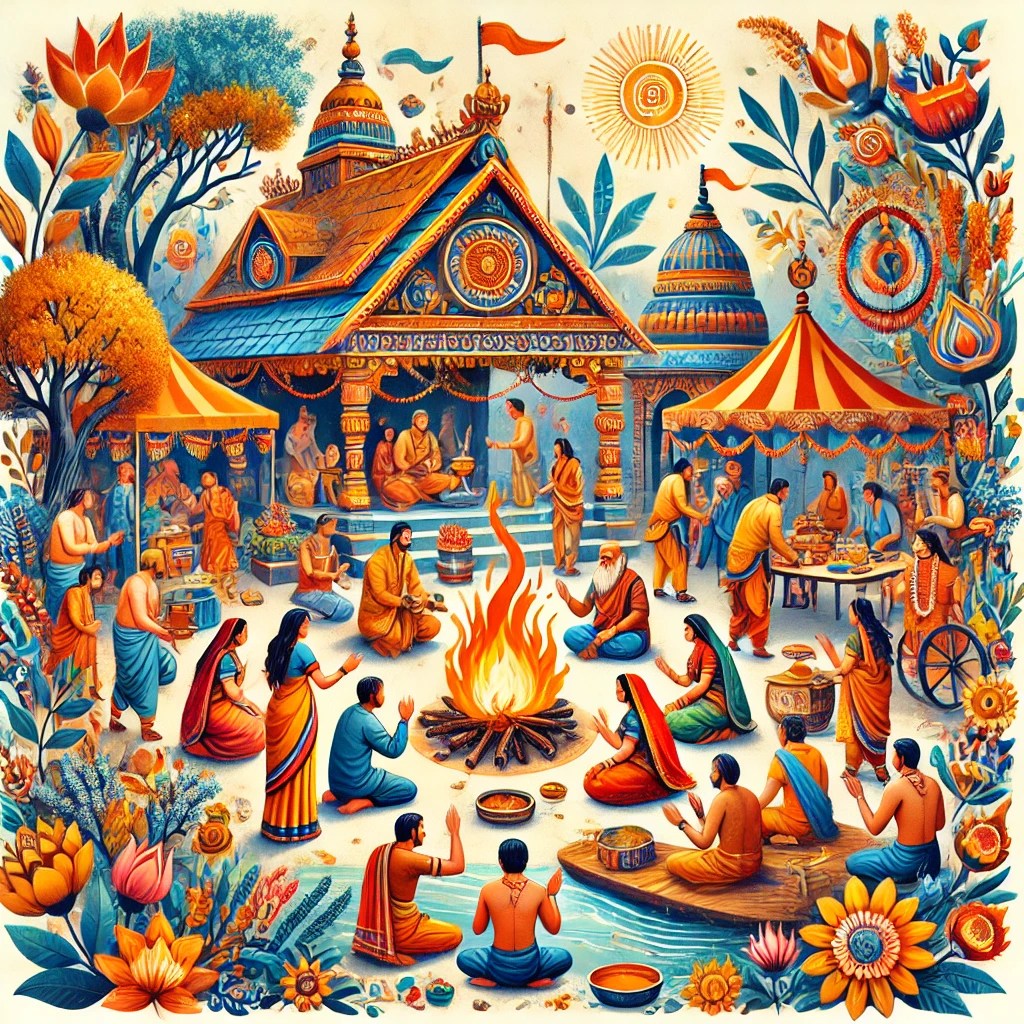 Hinduism, emphasizing the concept of Community and Dharma. The scene depicts a colorful Hindu festival with families