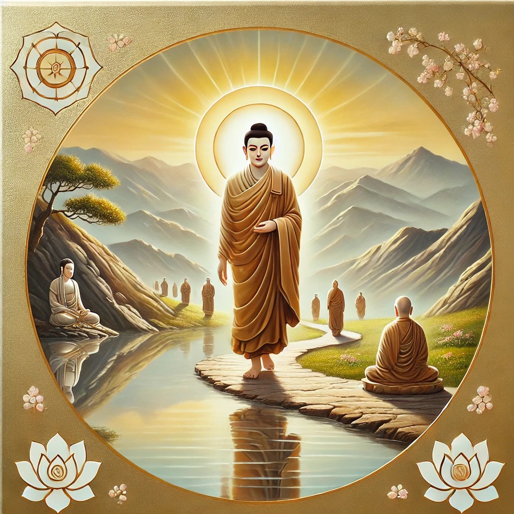 Mahayana Buddhism depicting the journey of a Bodhisattva. The Bodhisattva stands compassionately on a serene mountain