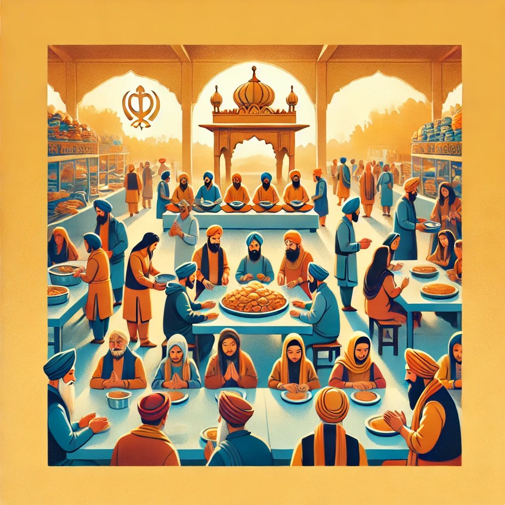 Sikhism, emphasizing the concept of Seva (selfless service). The image depicts a vibrant scene of a Gurdwara kitchen