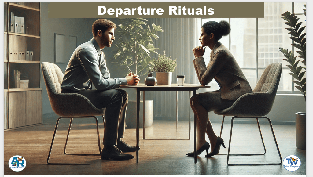 Conceptual illustration representing the practice of thoughtful departure rituals in organizations, aligned with Atomic Rituals frameworks.